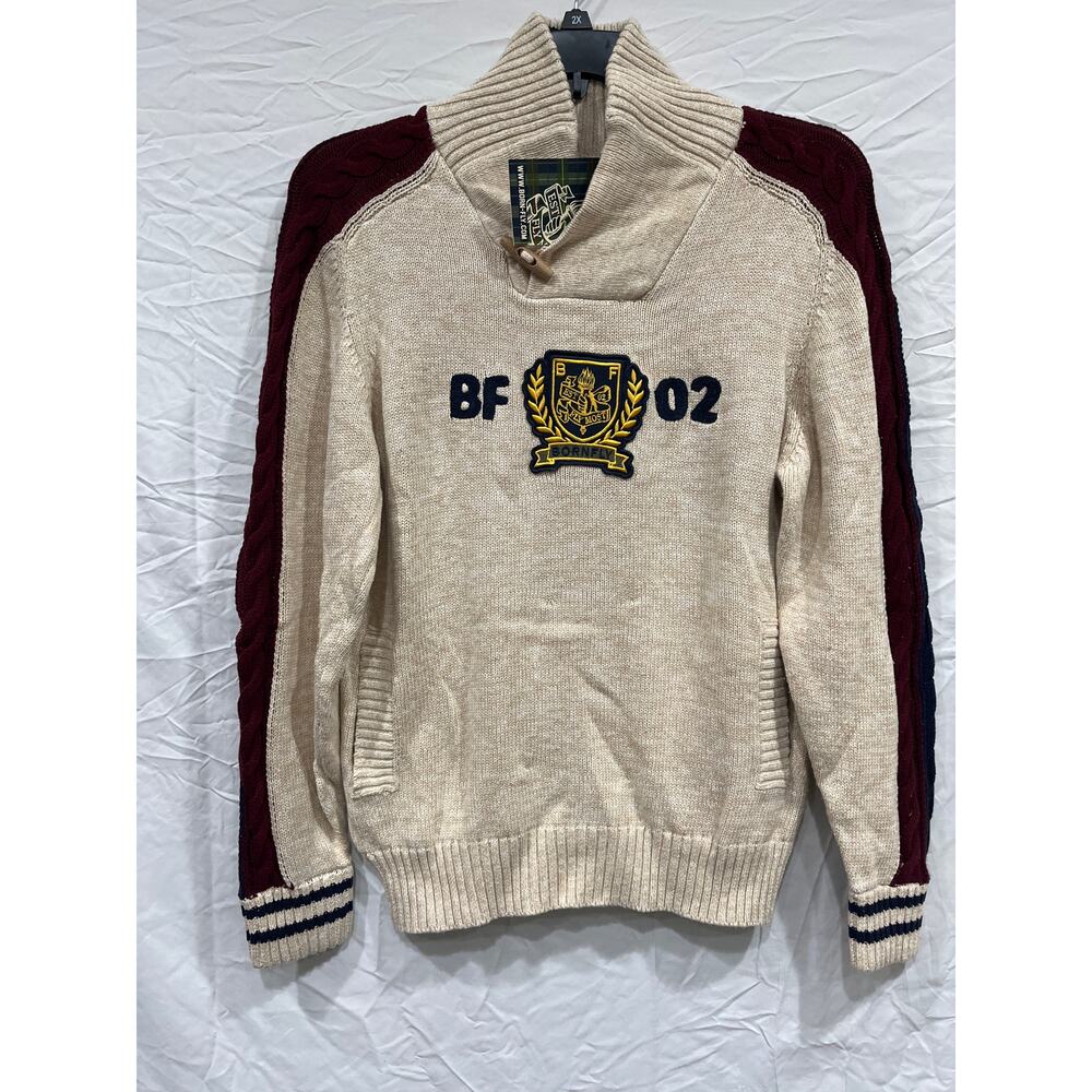 Born Fly Sweater Embroidered Modern Cowl Mockneck Mens Small Oatmeal Heather Mar